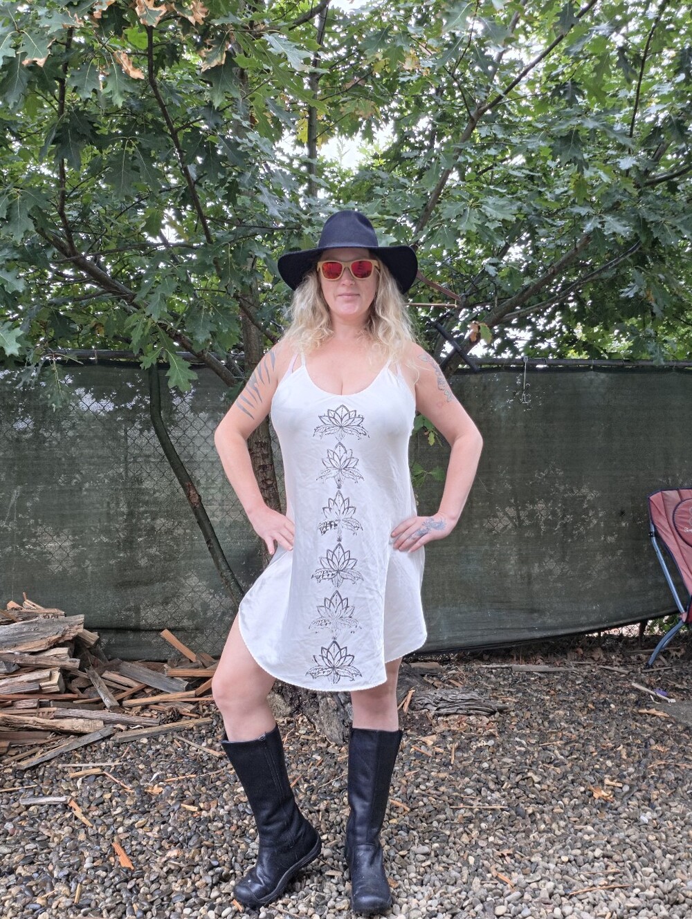 Vtg 80s White Satin Slip Dress Black Lotus Print Whimsigoth Fairy Grunge Indie